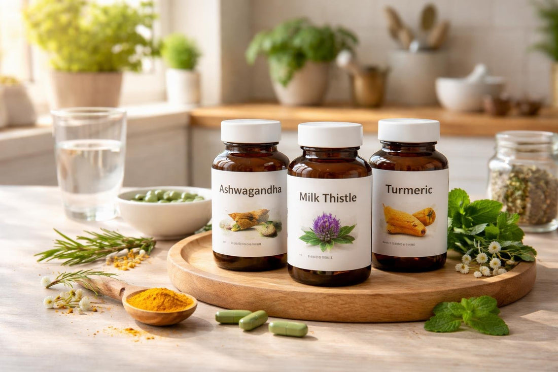 UK herbal supplements on wooden table