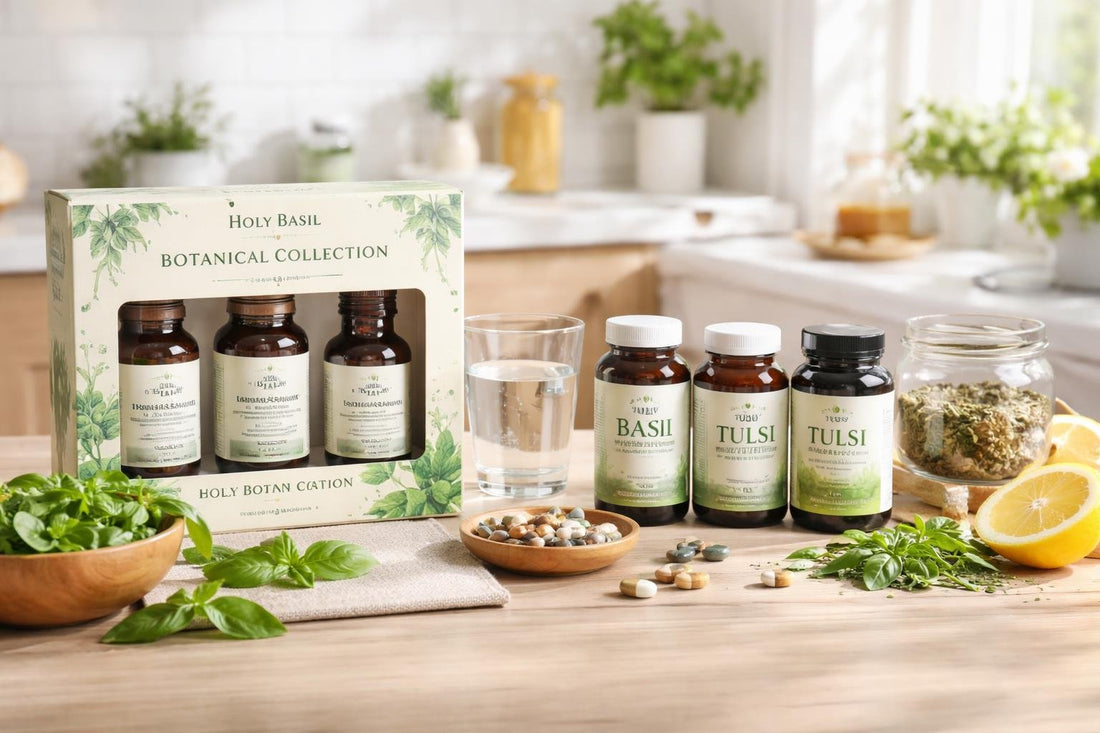 Holy basil supplements and botanical collection display