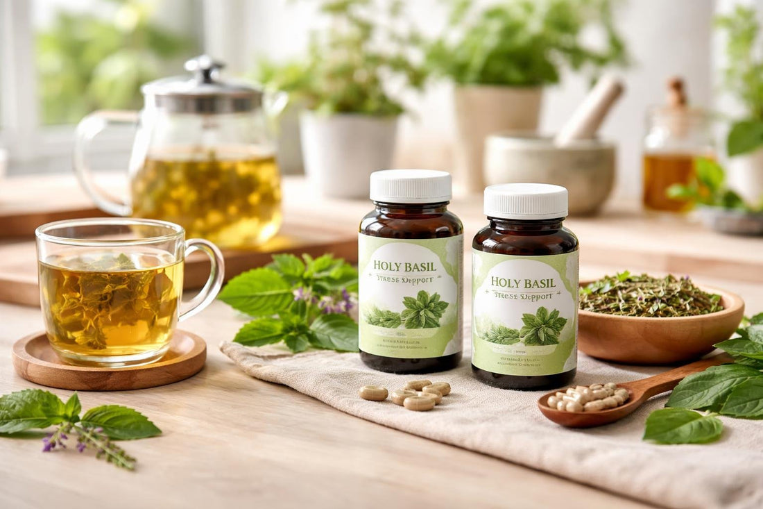 Holy basil leaves and tea for seasonal wellness routine
