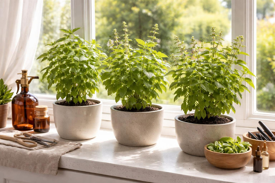 potted holy basil plants on a south-facing windowsill
