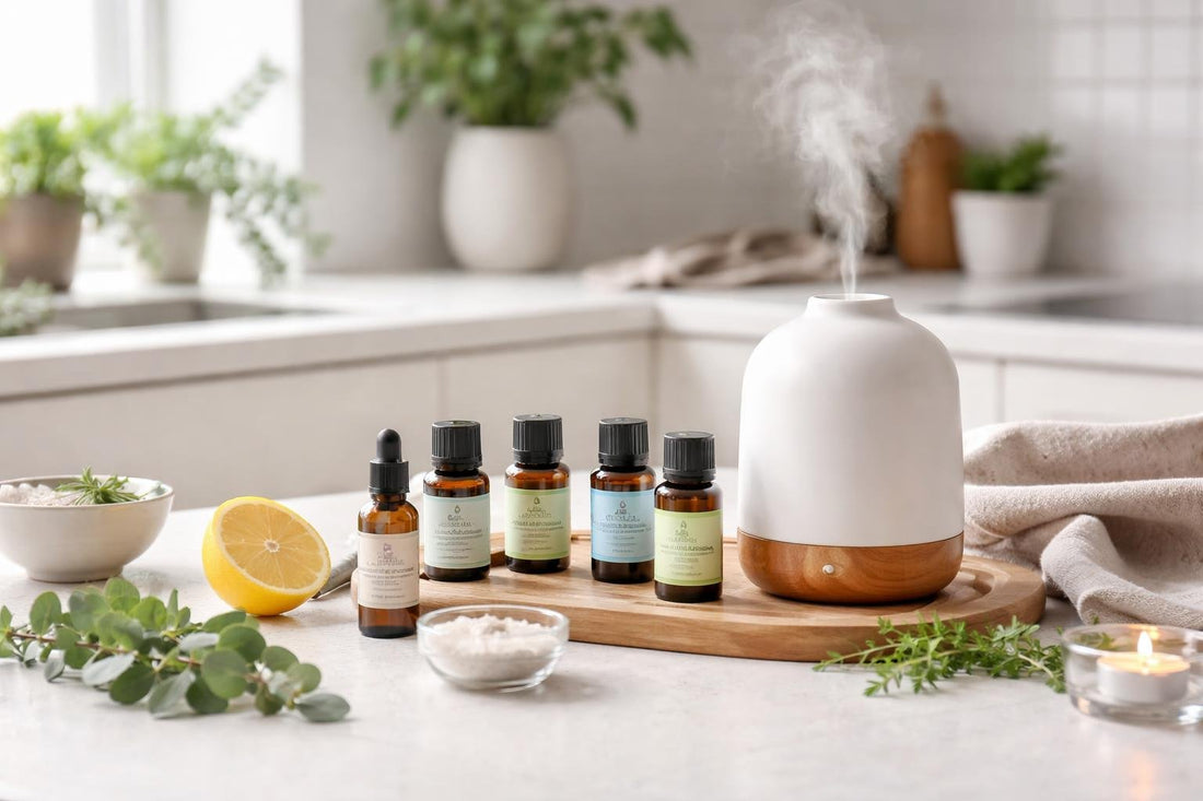Essential oils and diffuser for simple home aromatherapy routines