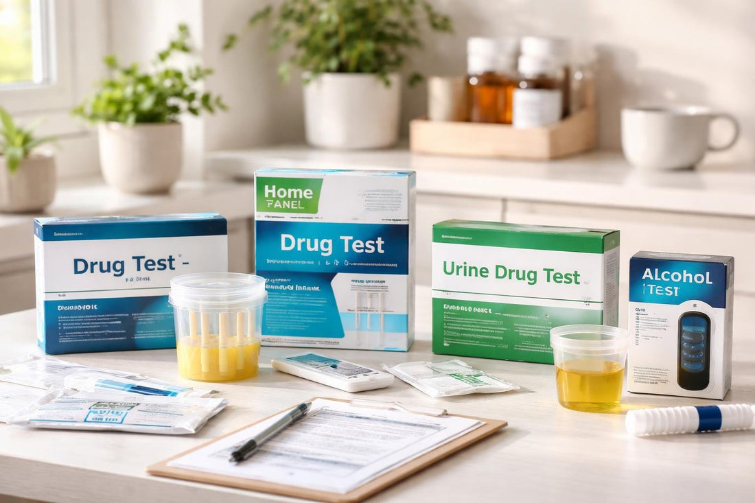 home drug test kits laid out on table