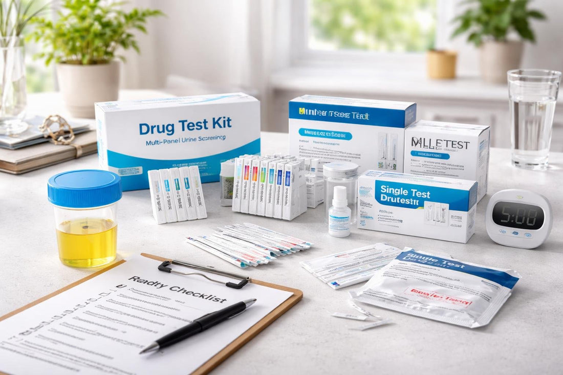 assorted home drug test kits and safety checklist