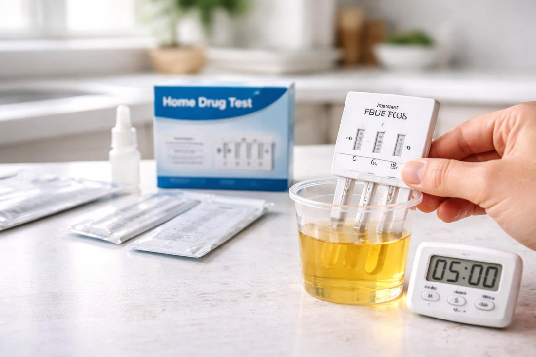 Home drug test kit steps with timer and test strip