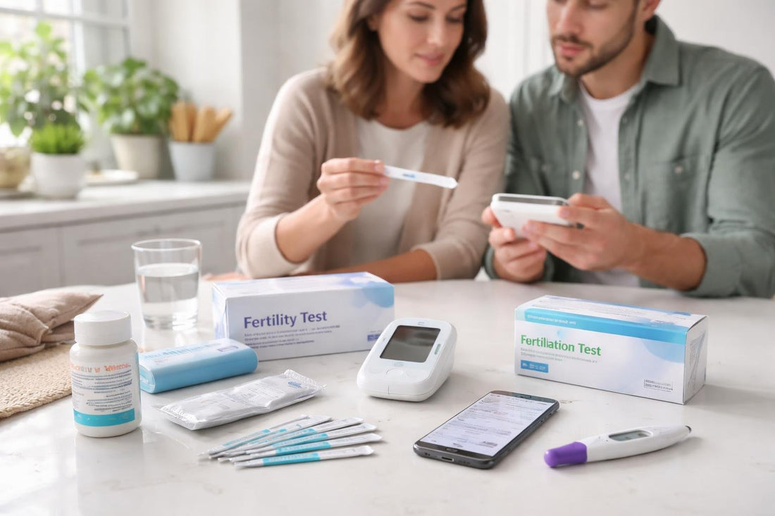 couple comparing home fertility test kits at home