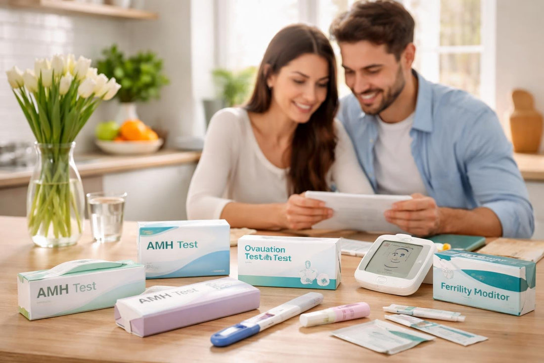 Couple reviewing home fertility and family planning test kits