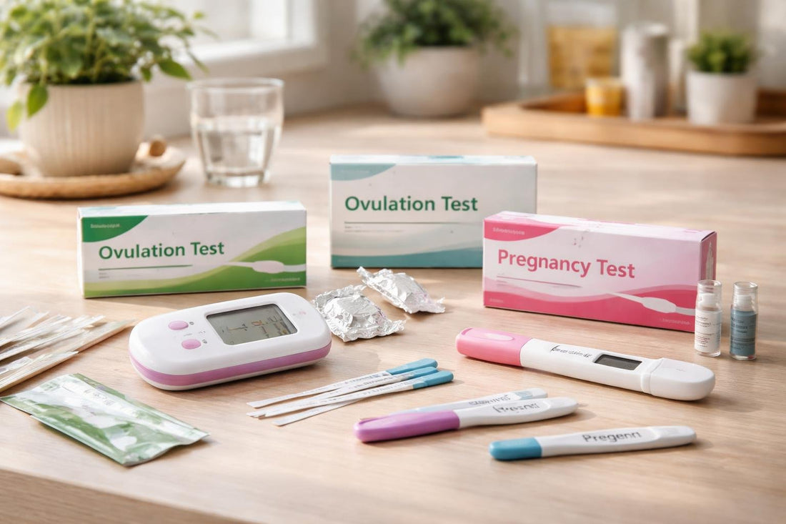 Home family planning test kits laid out on table