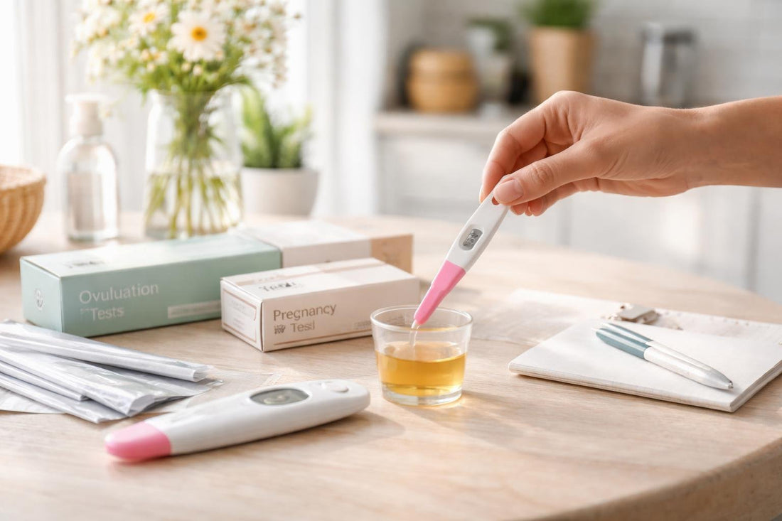 Hands using home family planning urine test kit at home