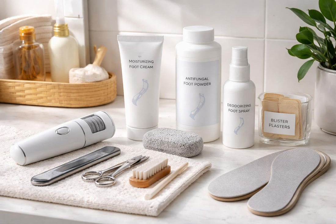 At-home foot care essentials laid out for daily routine