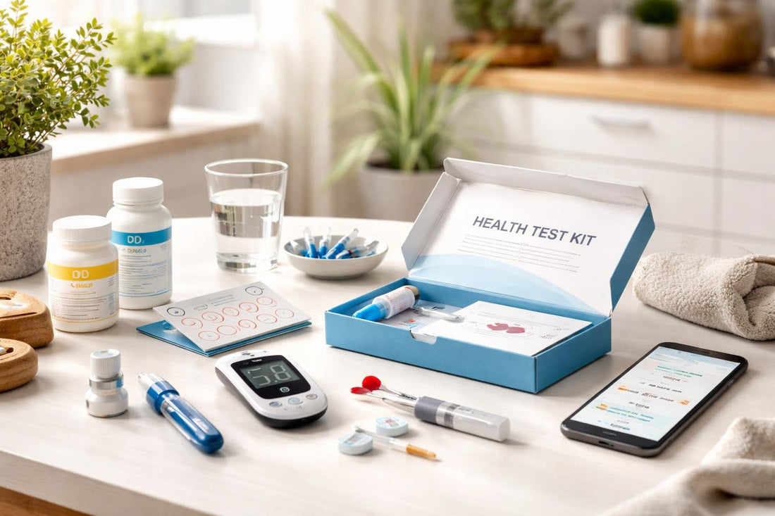 At-home health testing kits and accessories on table