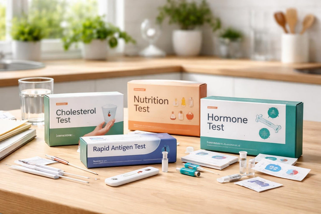 Assorted home health testing kits on a table