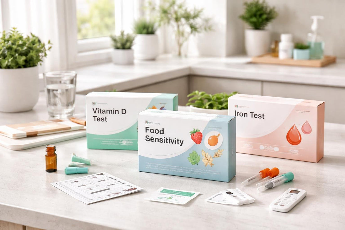Home health testing kits arranged on a kitchen counter
