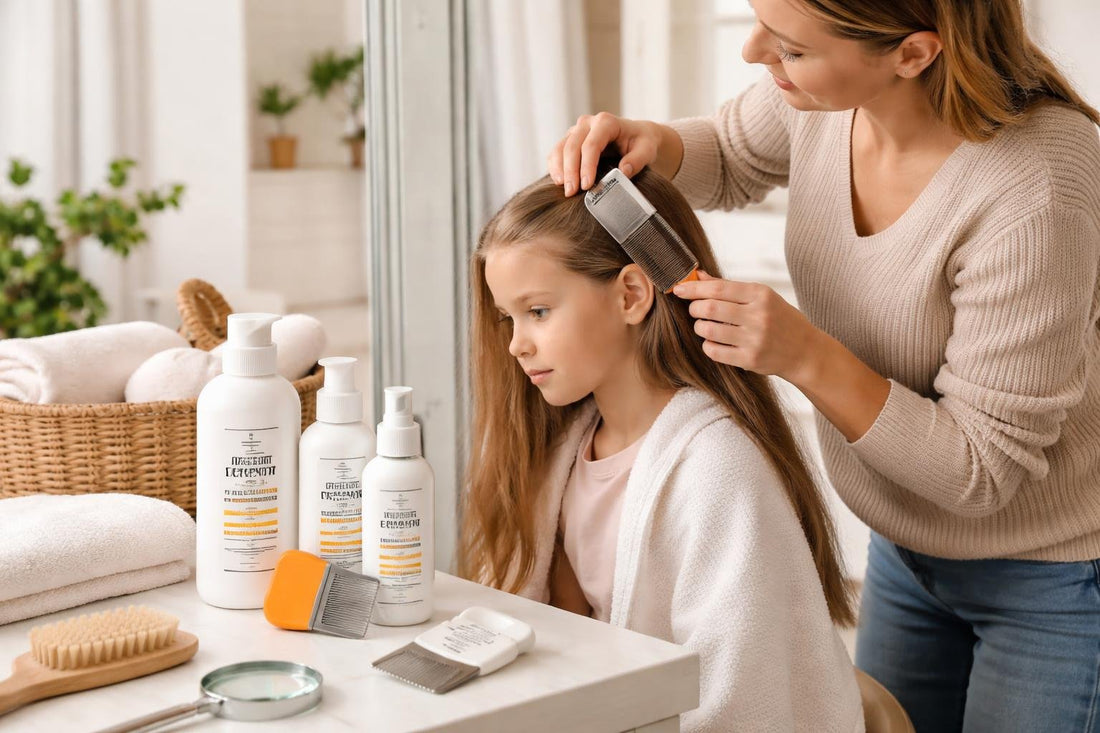 Parent combing child’s hair during home lice treatment