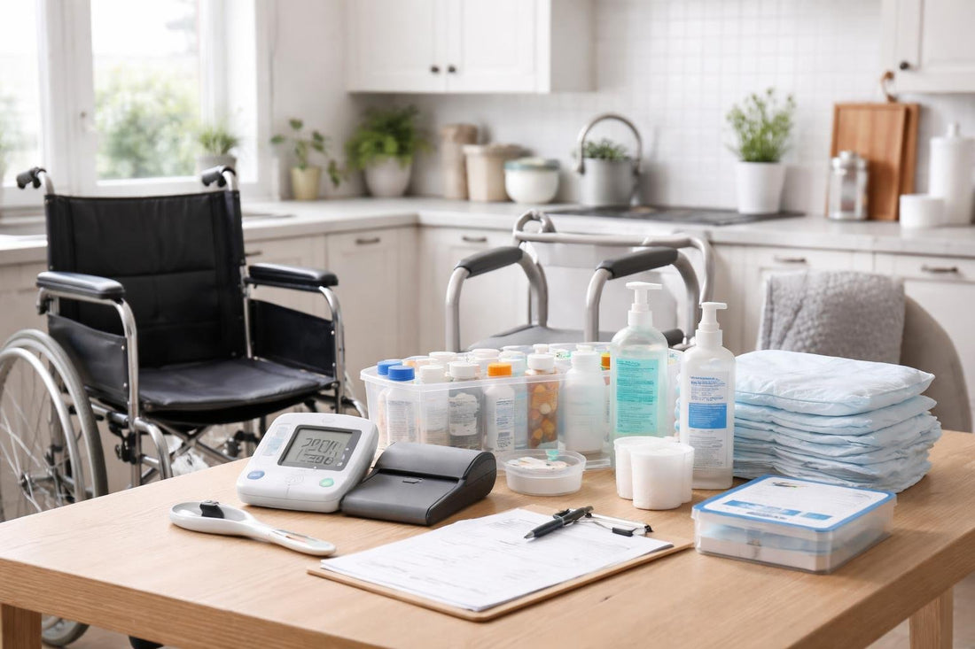 Carer organising home medical supplies and equipment