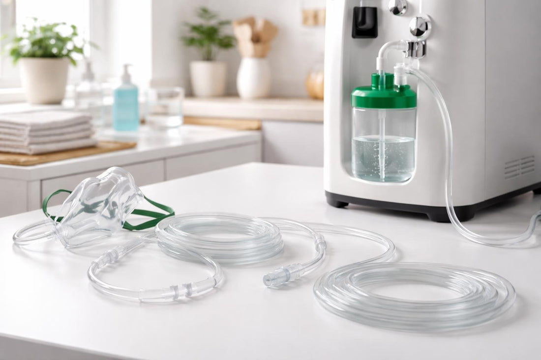 Home oxygen tubing connected to nasal cannula and mask