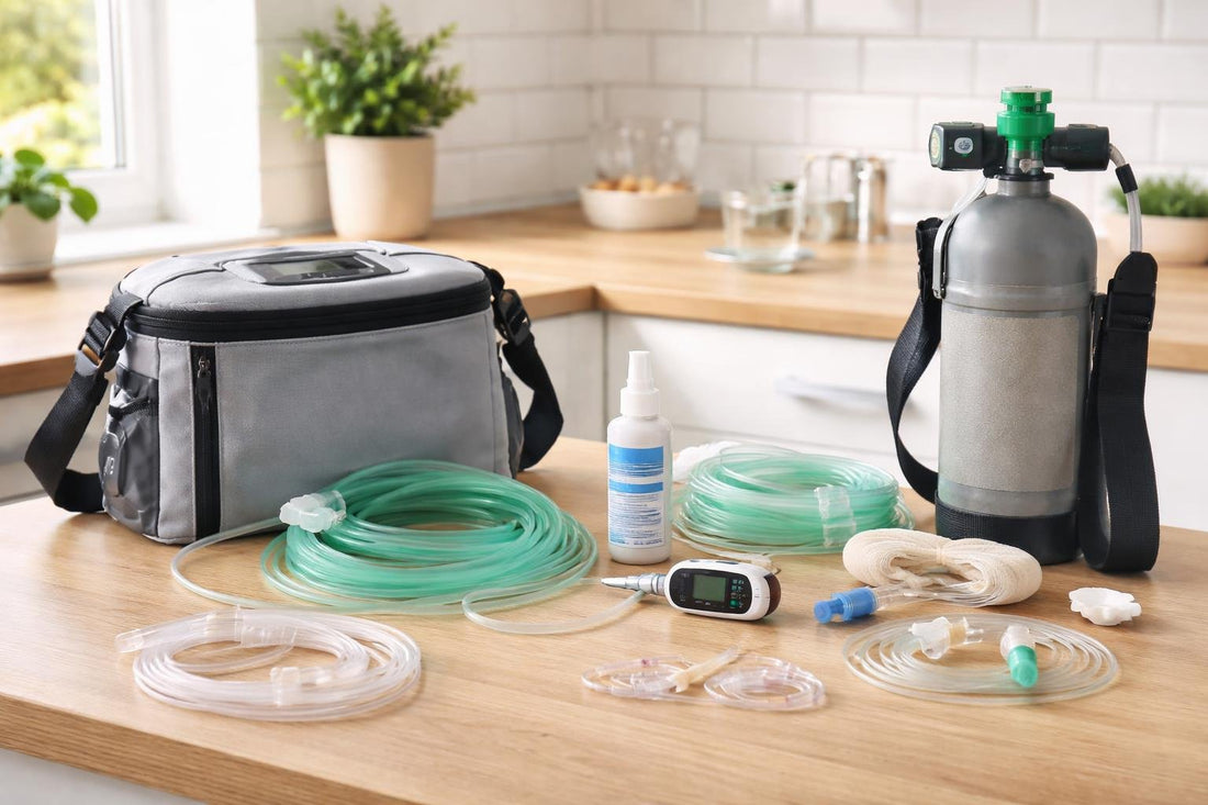 Home oxygen therapy accessories laid out for comfort and safety