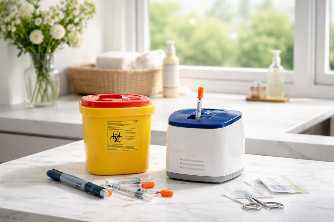 Home sharps container and needle destruction device on countertop