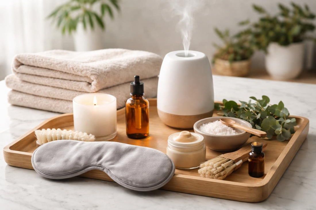 Home spa essentials laid out on wooden tray for relaxation