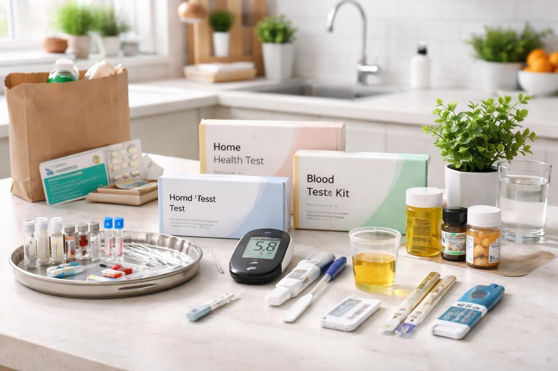 Home medical test kits and alternatives laid out