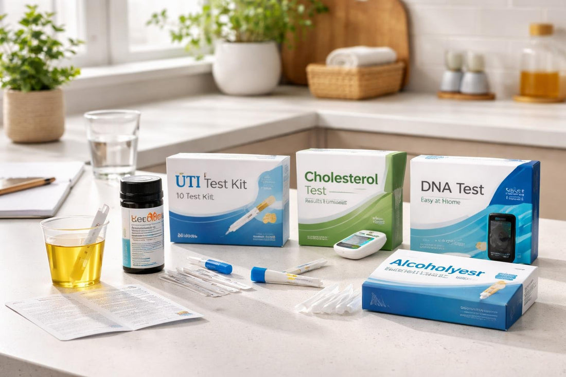 Affordable at-home medical test kits on table