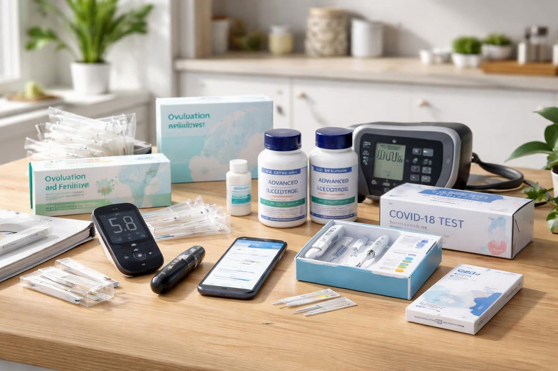Assorted home medical test kits and devices on wooden table