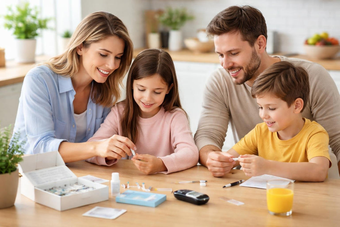 Family using at-home health testing kits together
