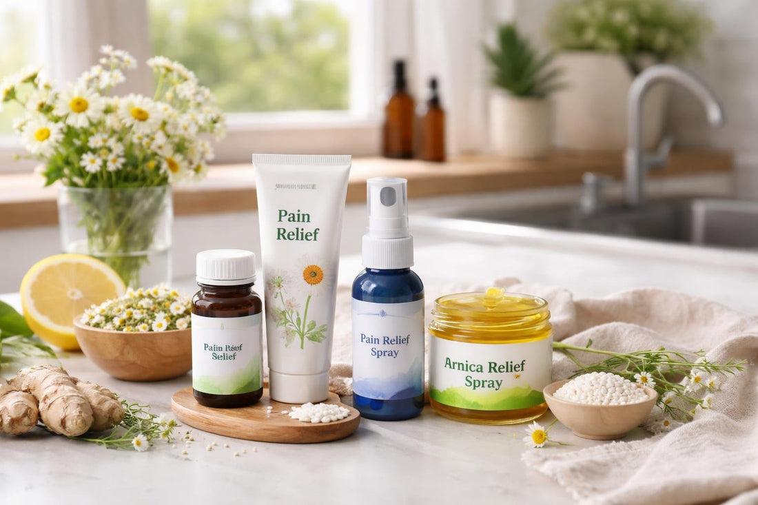 assorted homeopathic pain relief remedies and topical spray