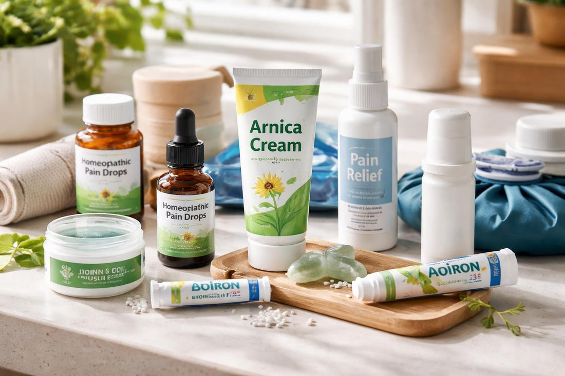 Assorted topical and homeopathic pain relief remedies