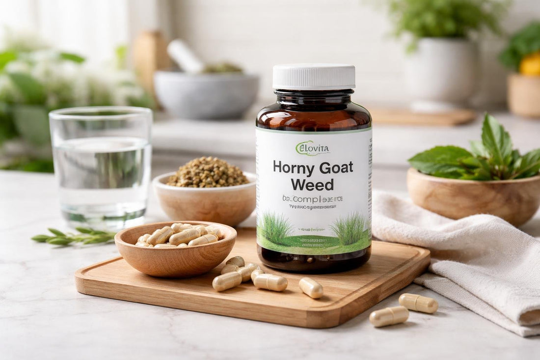 Horny Goat Weed supplement bottle and capsules UK