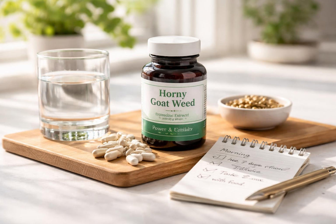 Horny Goat Weed supplement capsules with daily routine notes