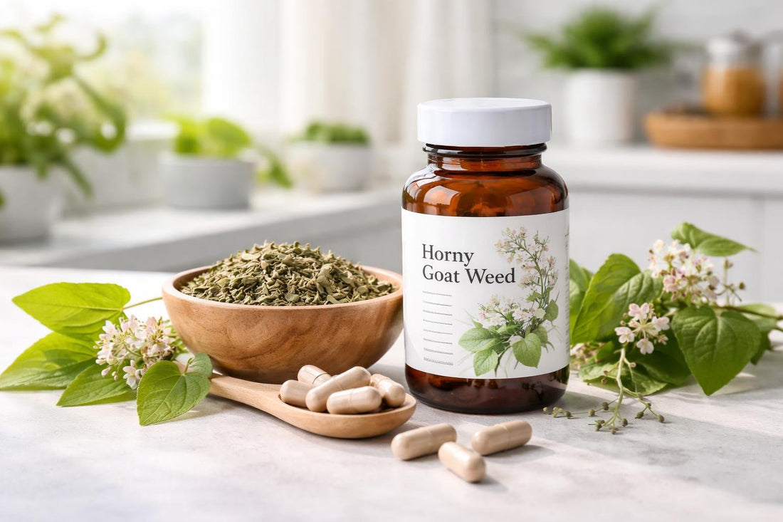Horny goat weed herb with leaves and capsules