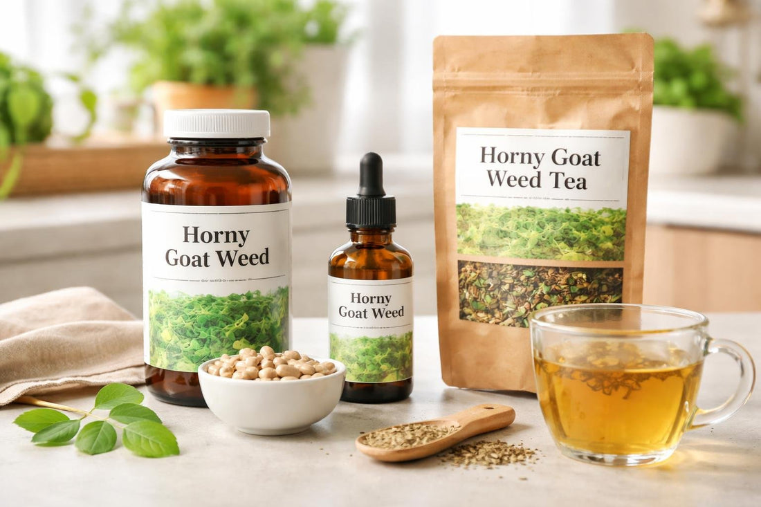 Horny goat weed herbal supplements arranged on a table