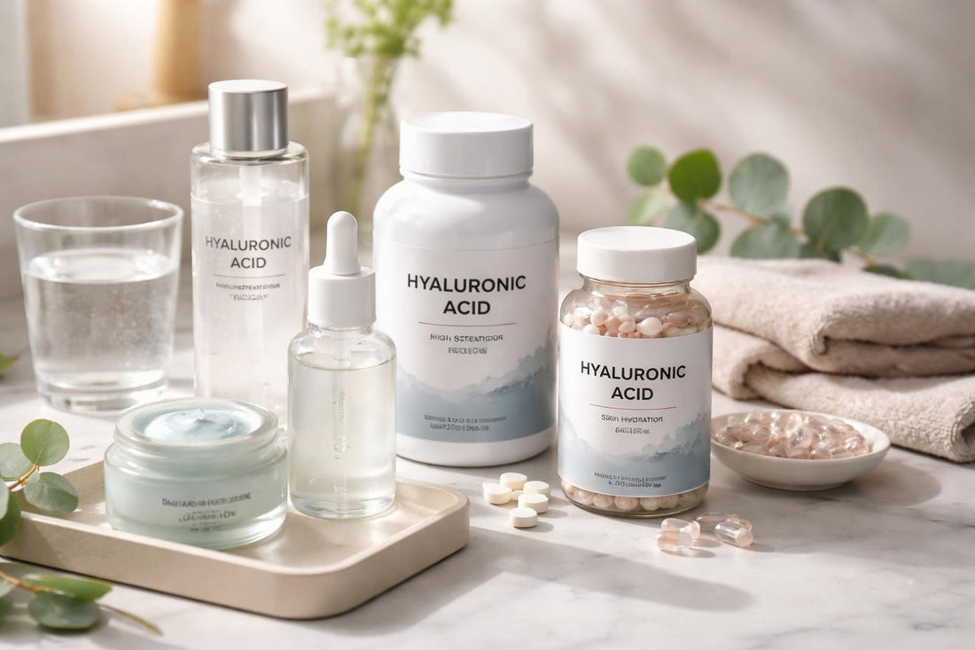 Hyaluronic acid supplements and skincare products for dry skin