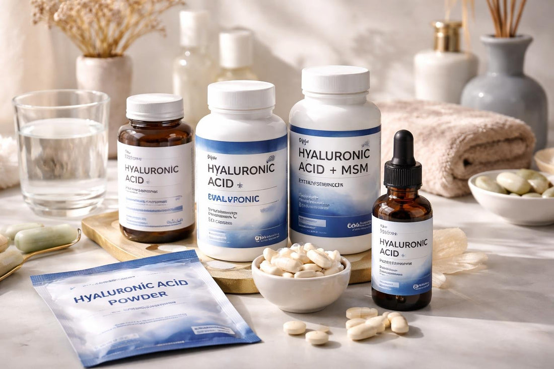 Assorted hyaluronic acid supplements for skin and joint support