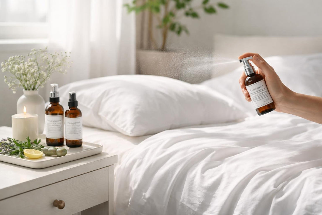 Hydrosol facial mist spritzed over fresh bed linen