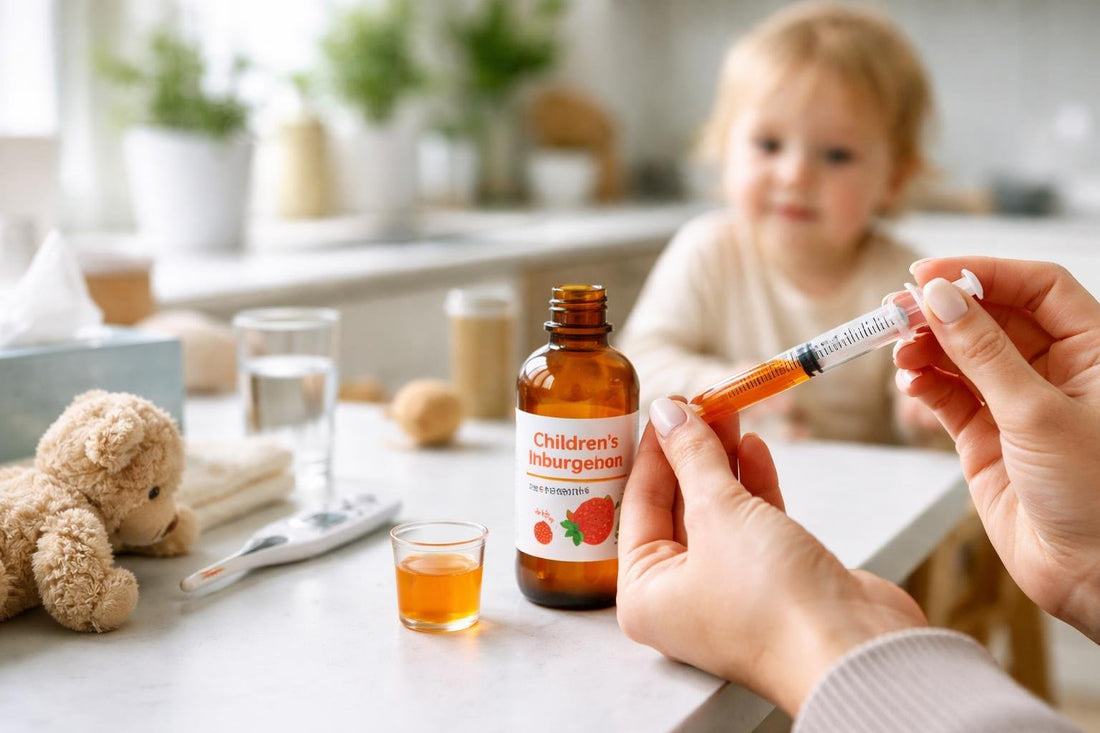parent measuring toddler ibuprofen dose with syringe