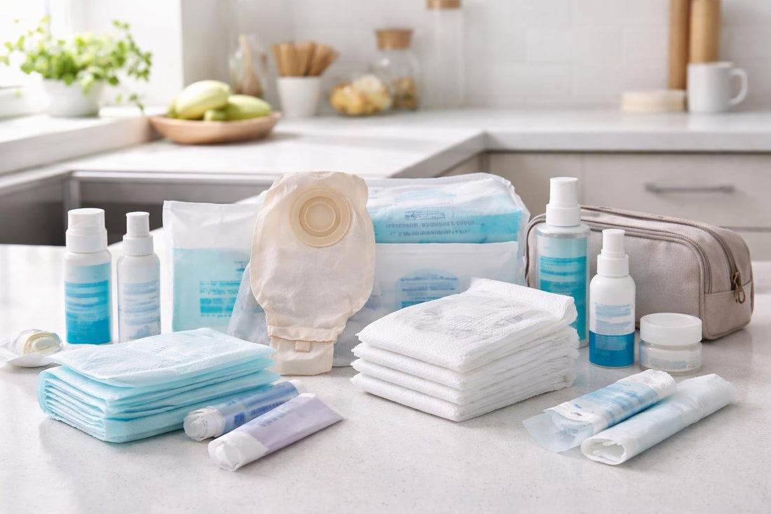 Beginner incontinence and ostomy care essentials laid out neatly