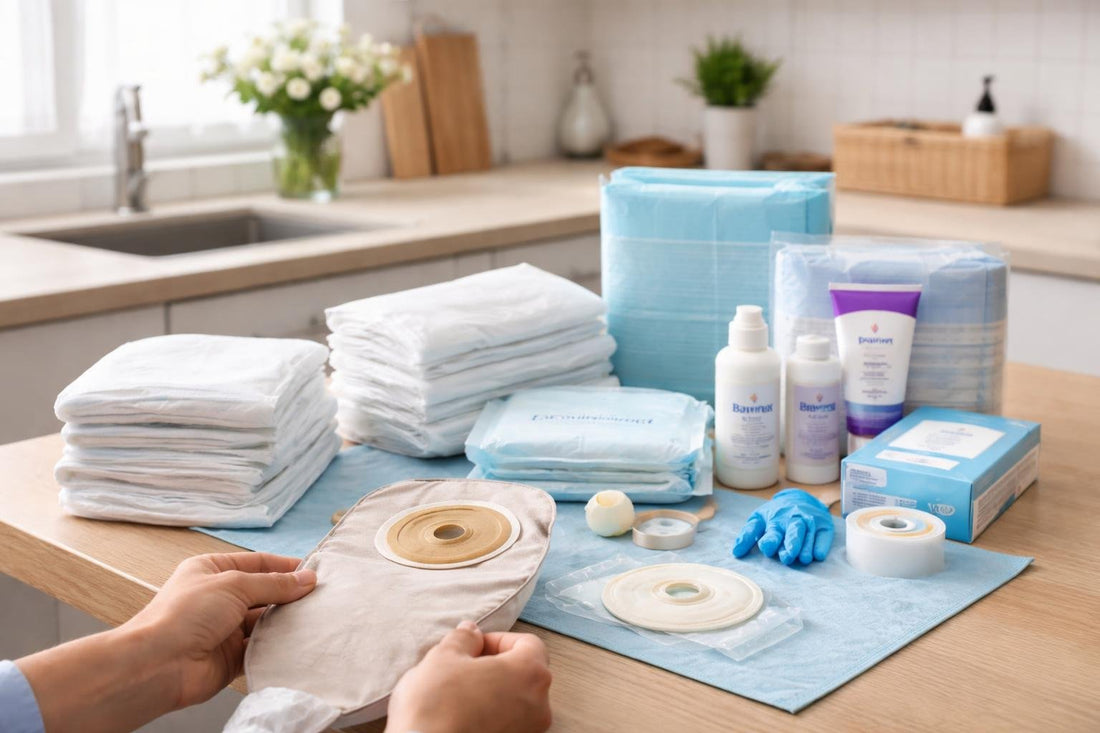 carer preparing ostomy and incontinence supplies