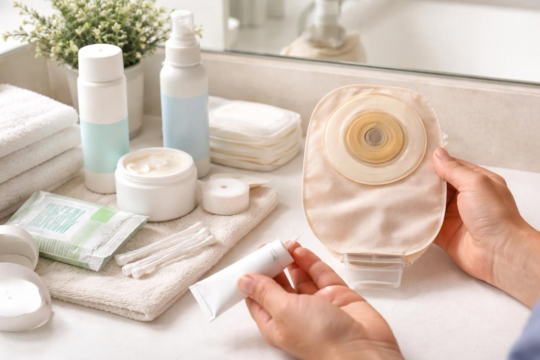Carer checking ostomy pouch and skin protection