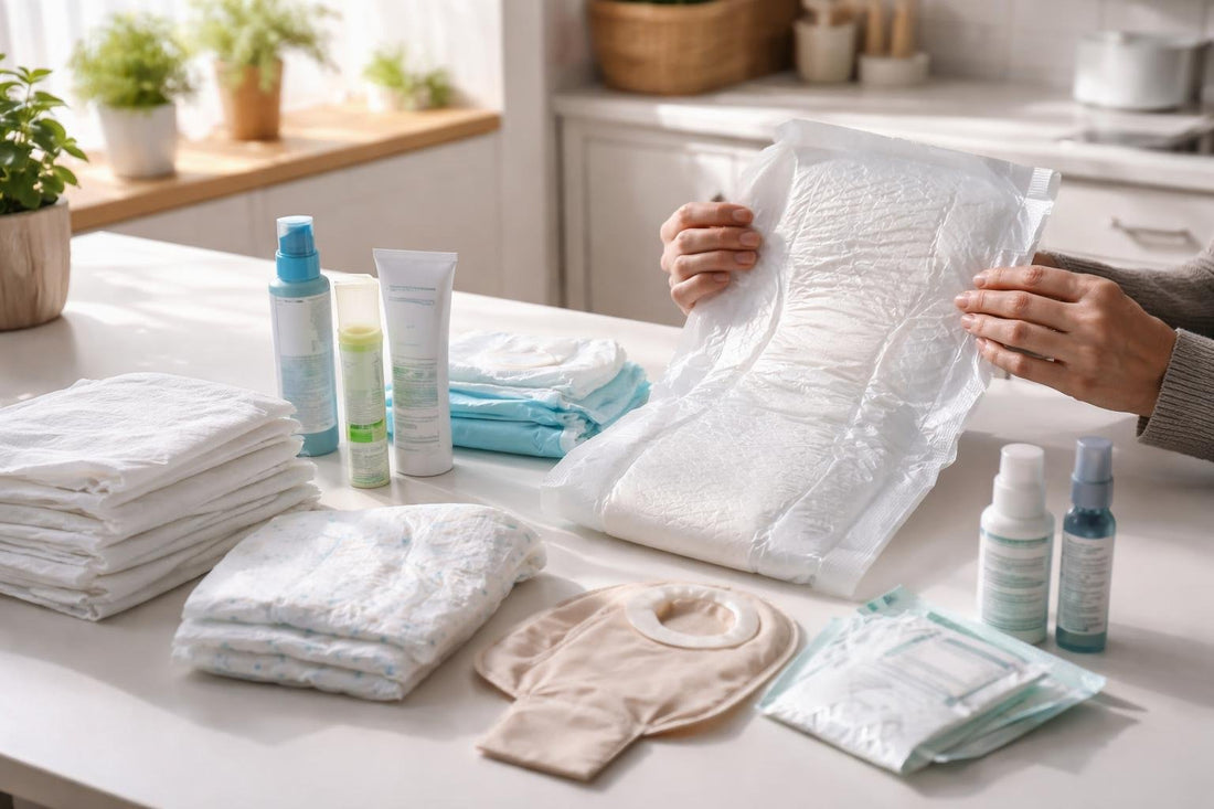 Carer comparing incontinence and ostomy products