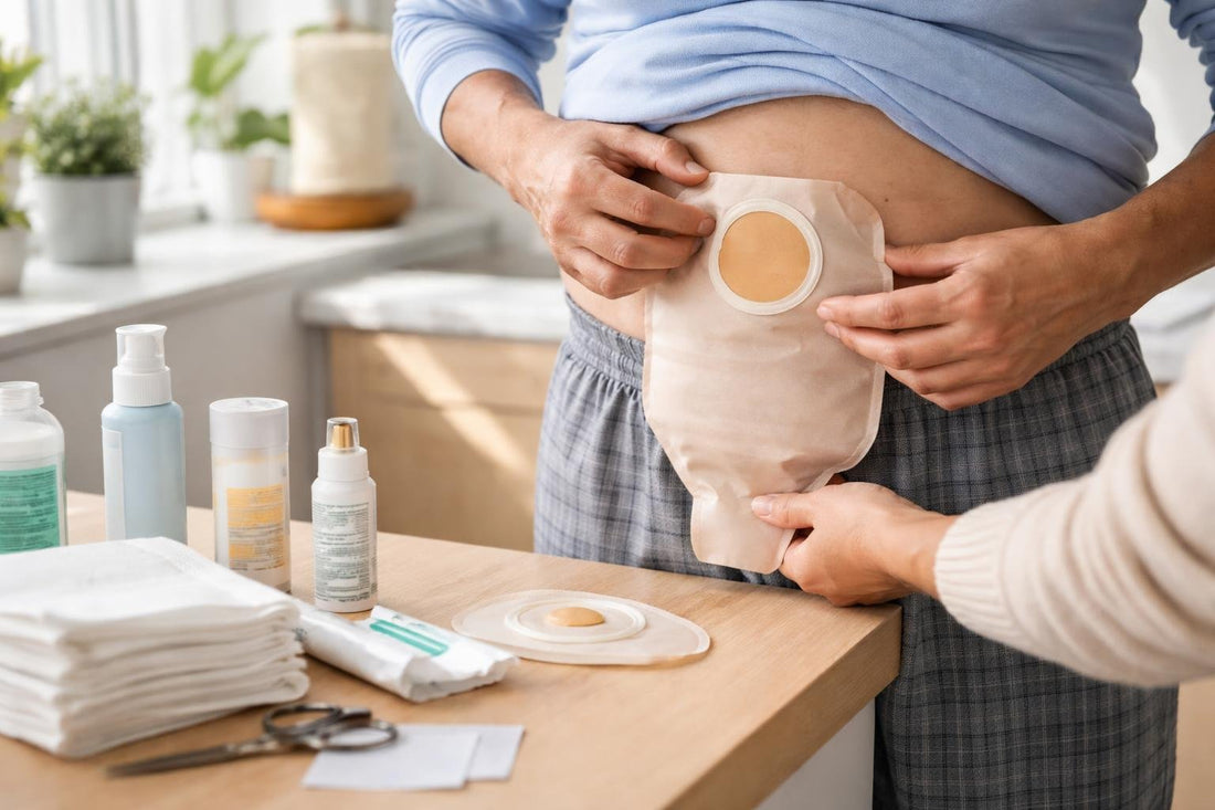 Carer fitting an ostomy pouch with correct fit
