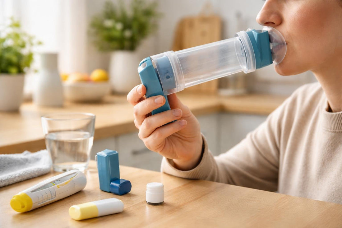 Person using inhaler with spacer for asthma routine