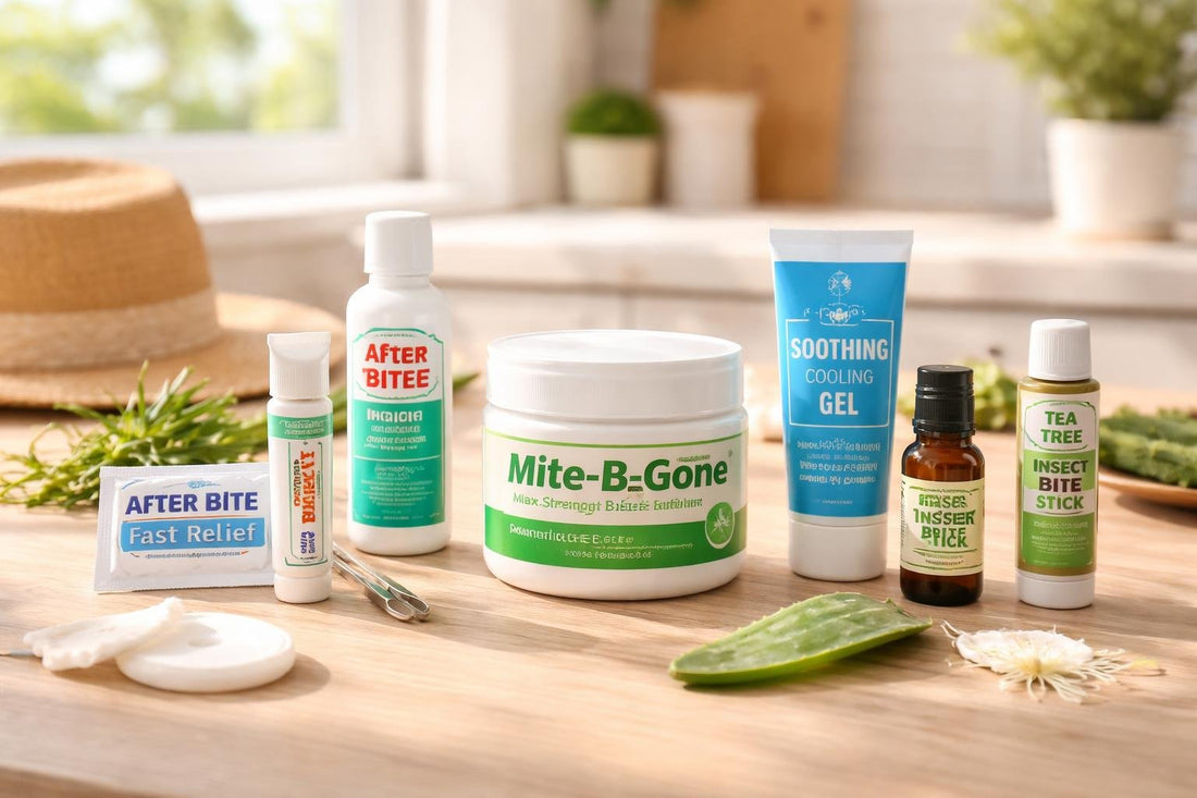selection of insect bite treatment products on table
