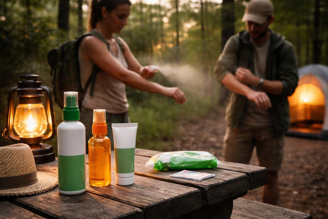 Campers applying insect repellent at dusk in woodland