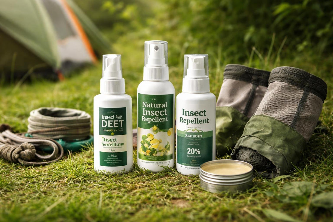 Camping insect repellent sprays and treated gaiters on grass