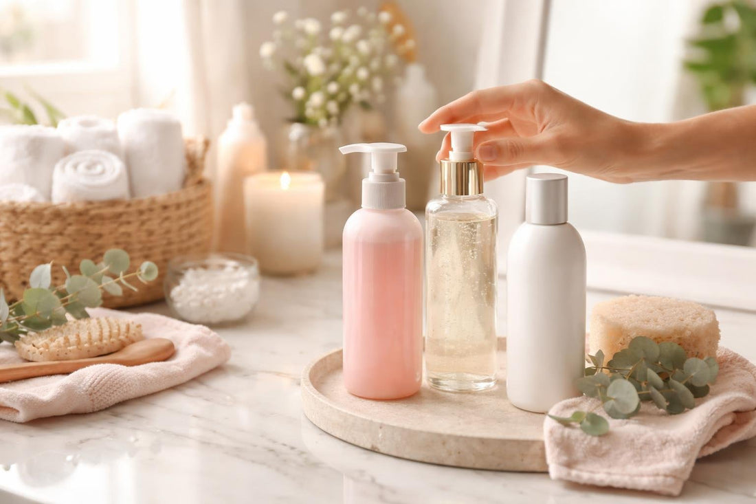 Woman choosing intimate wash in London bathroom