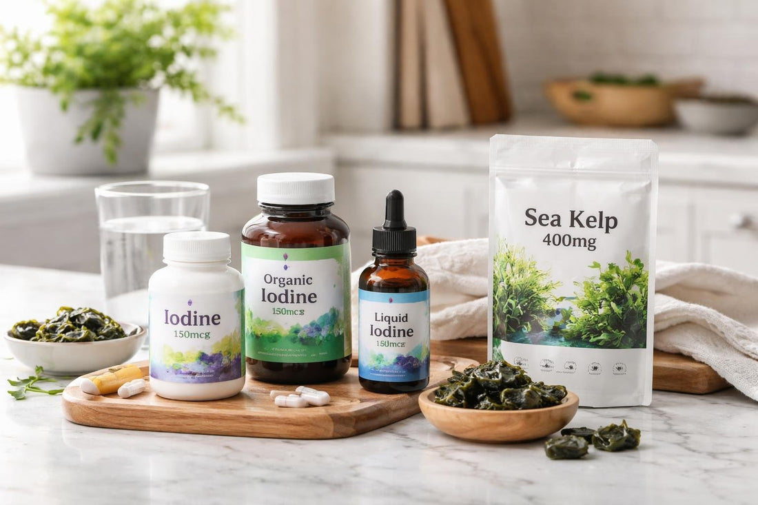 Assorted iodine supplement bottles and seaweed bites