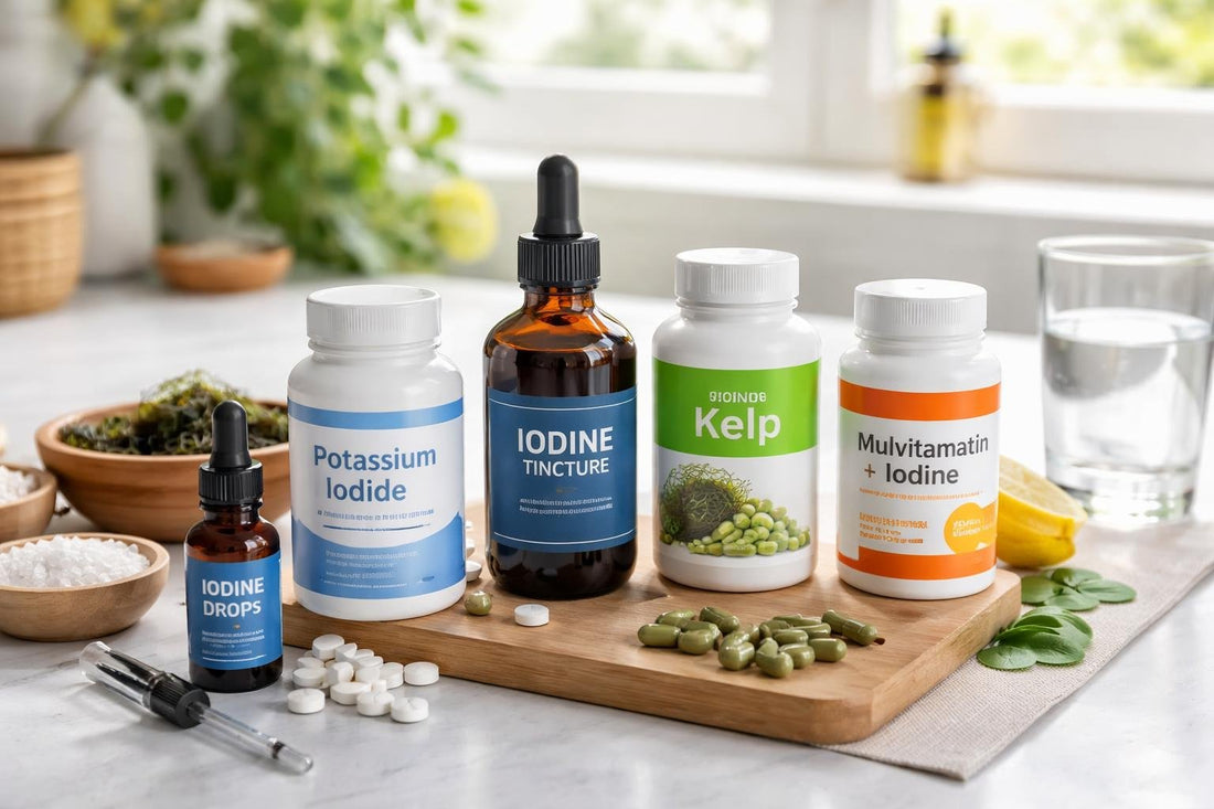 Assorted iodine supplements and tablets on table