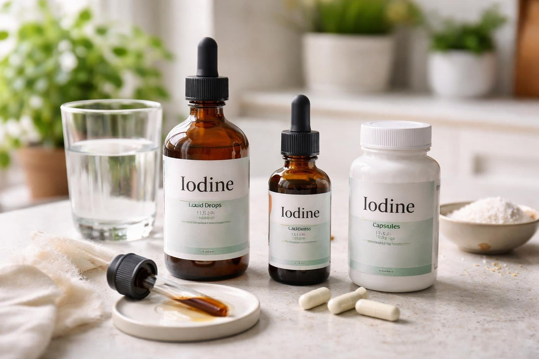 Iodine supplement bottles and drops on table
