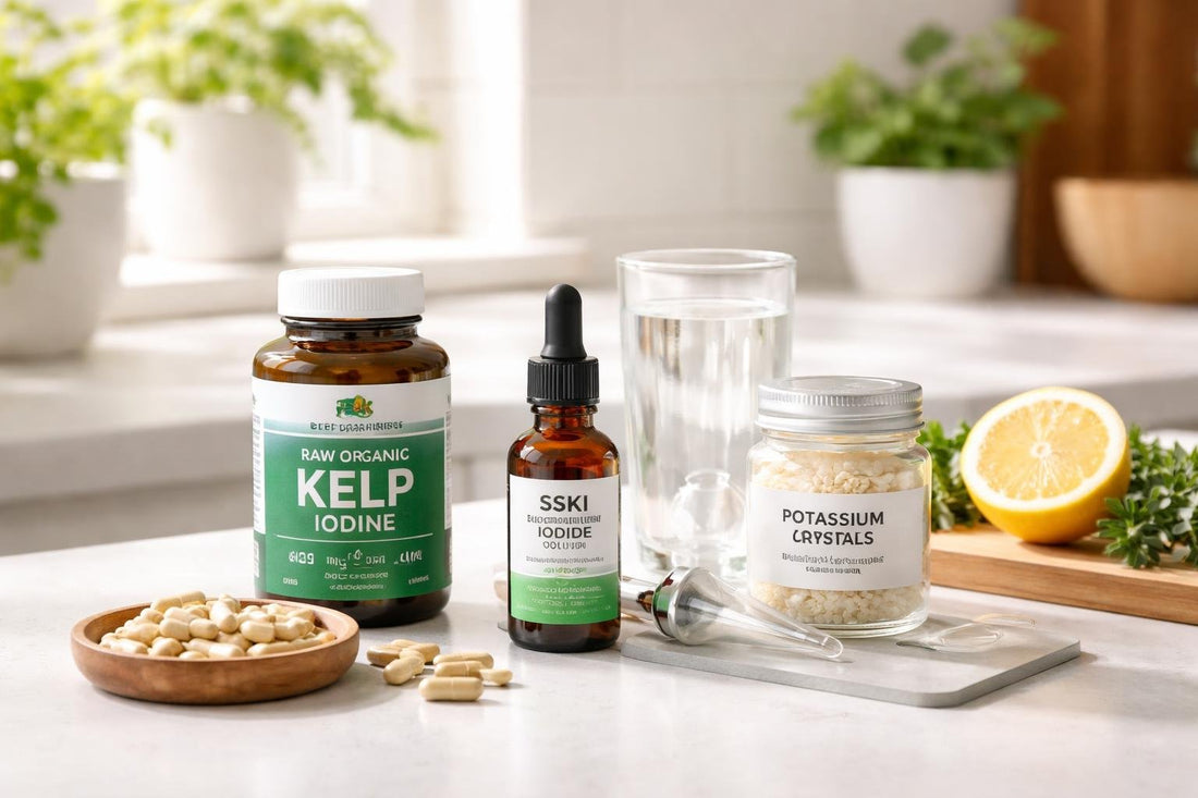 Iodine supplements, kelp capsules and liquid drops
